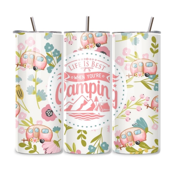 Handmade Camping Life 20oz Stainless Steel Tumbler – Floral Camper Cup - Picture 1 of 1